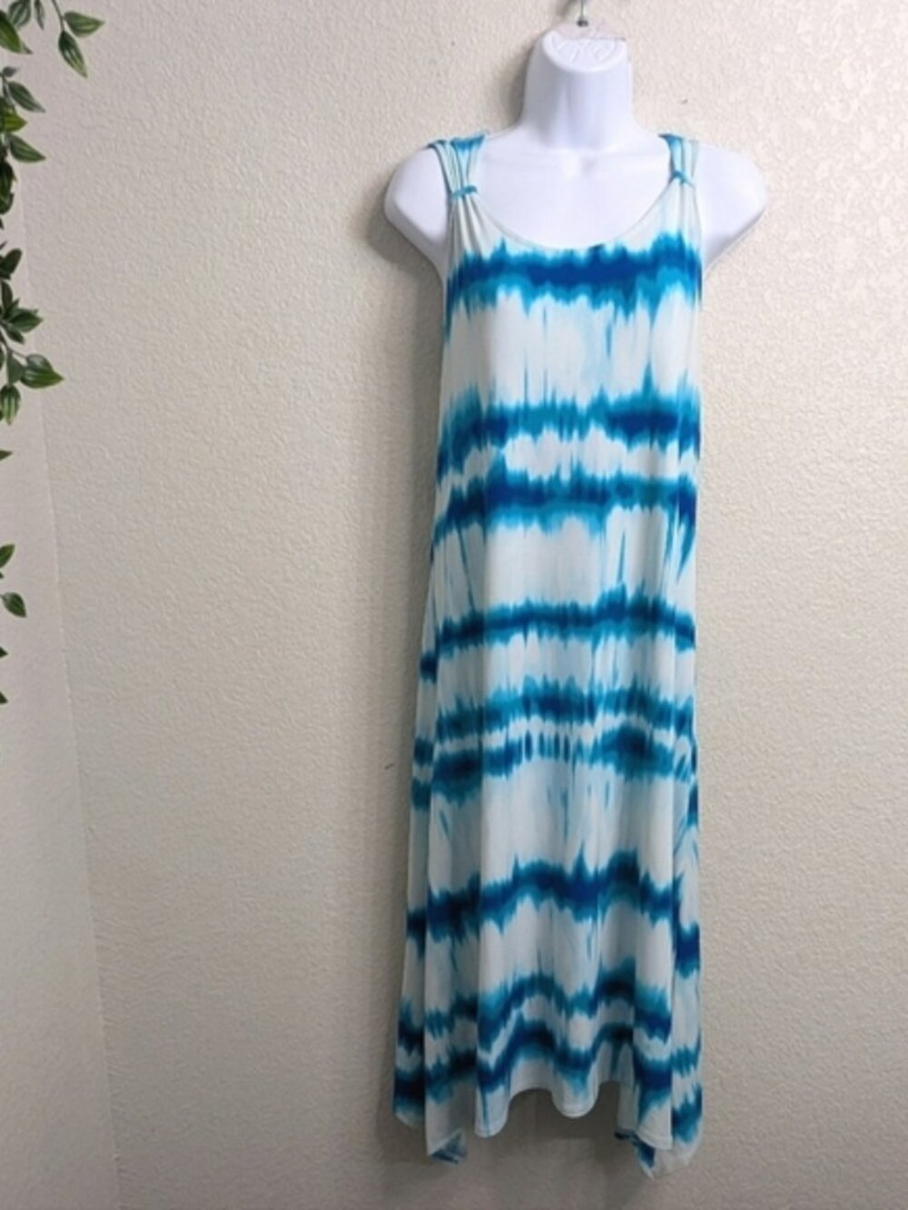 Chico's Blue White Tie Dye Tank Midi Dress Handkerchief Hem Sleeveless Summer M